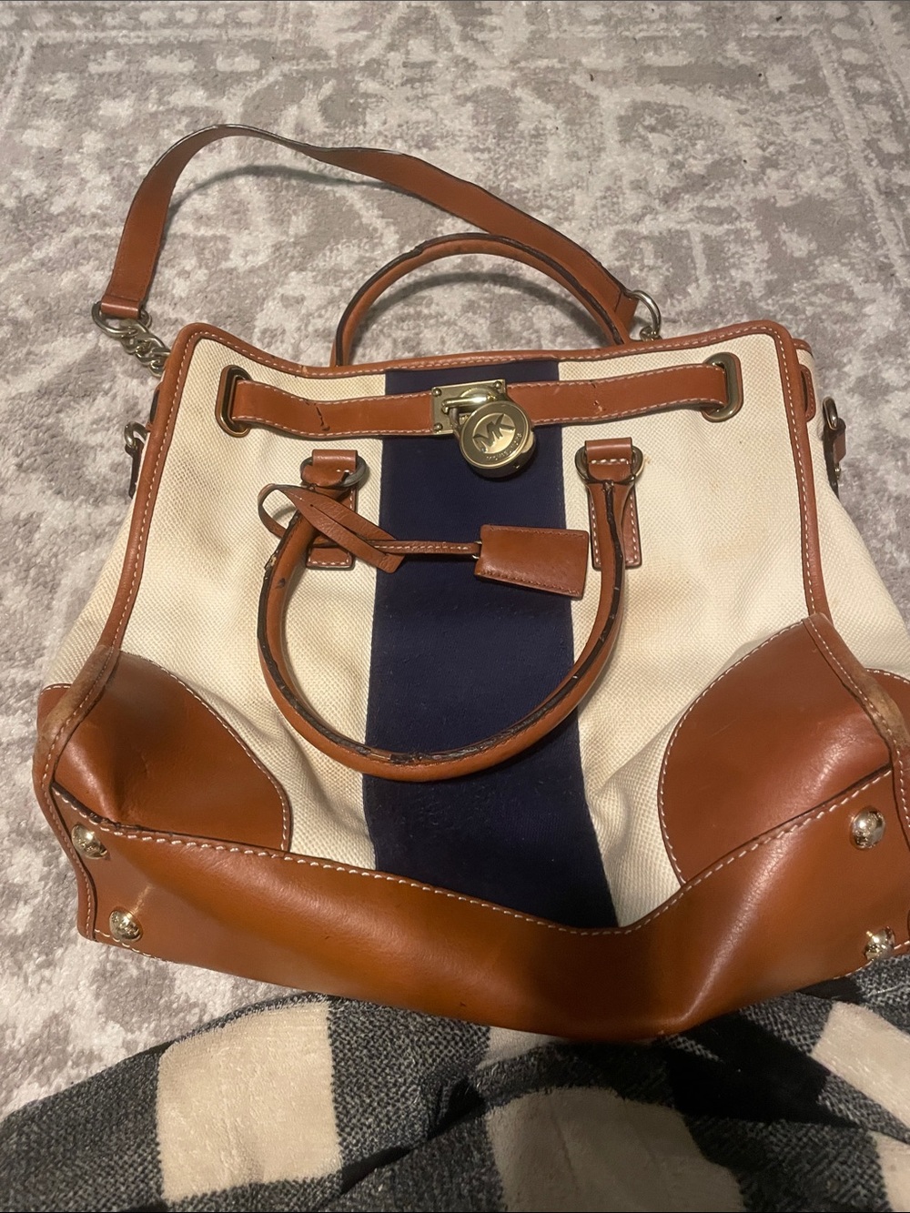 Michael Kors Cream Canvas Satchel with Brown Leather and Navy Stripe